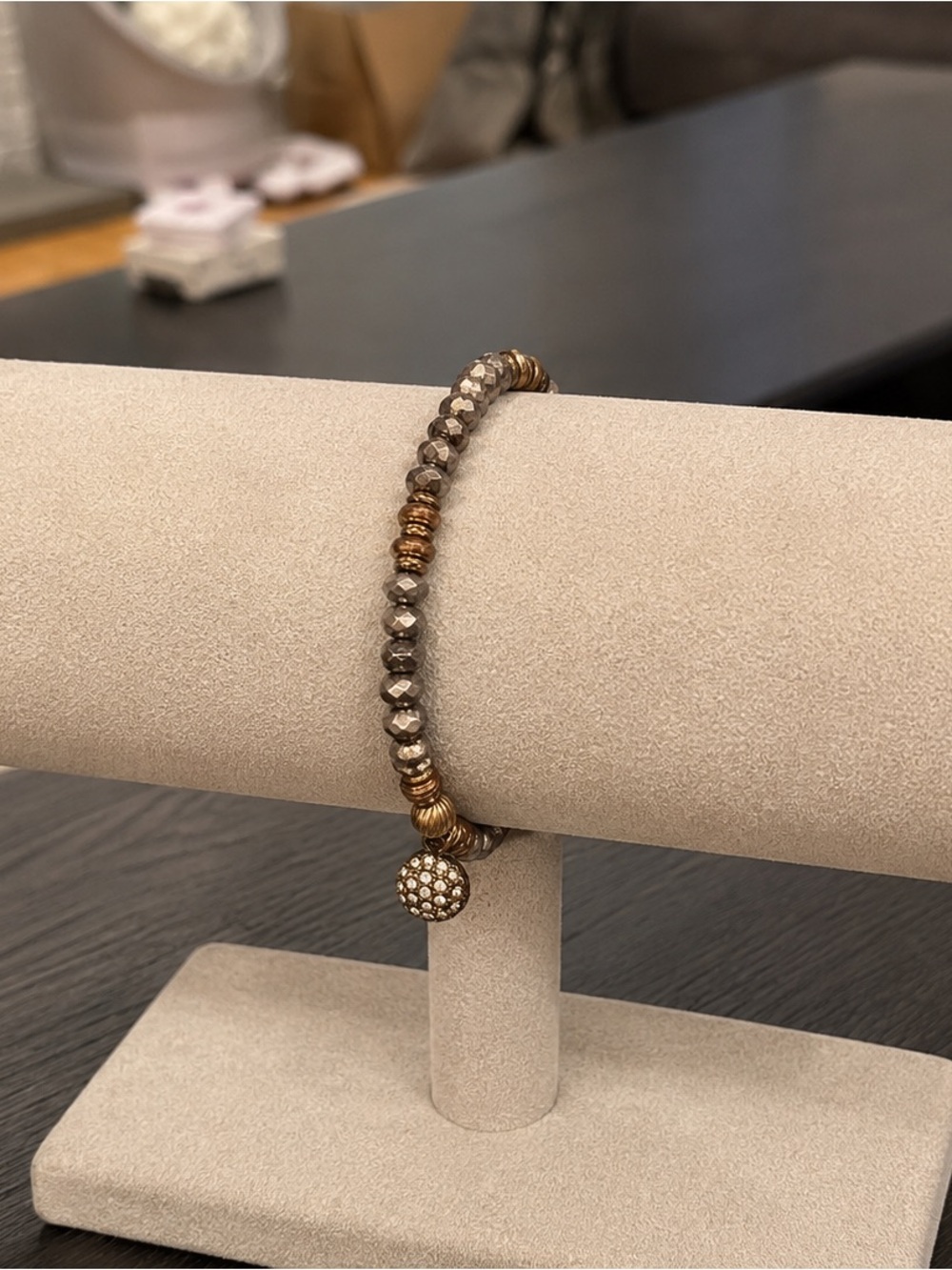 Hematite and Gold Beaded Stretch Bracelet with Pave Charm